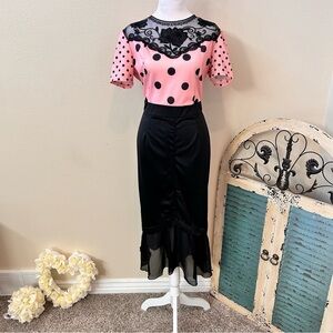 50s Retro Office Siren Pink Polka Dot with Black Mermaid bottom 8/10